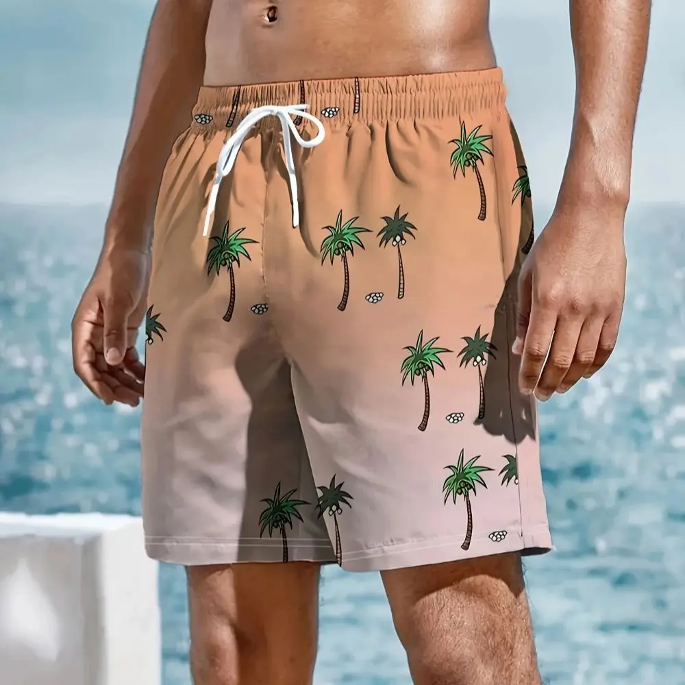 Calções de praia masculinos com estampa digital 3D de palmeira tropical calções casuais de verão com bolsos para férias e atividades ao ar livre