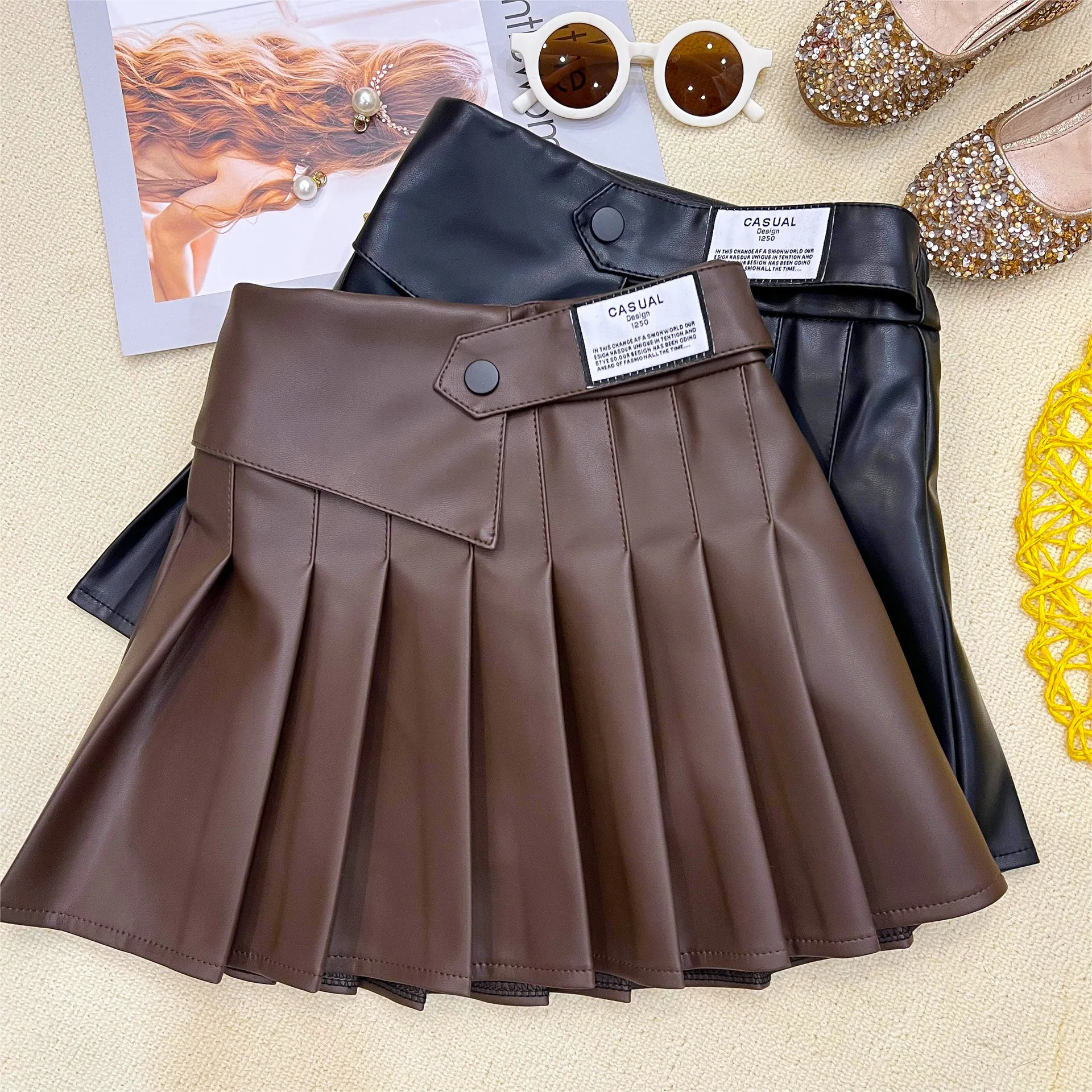 

Fashion Girl's Leather Skirt Spring Autumn PU Short Pleated Skirt Korean Style Casual Mini Skirt 3-8Years Old Girls Clothing