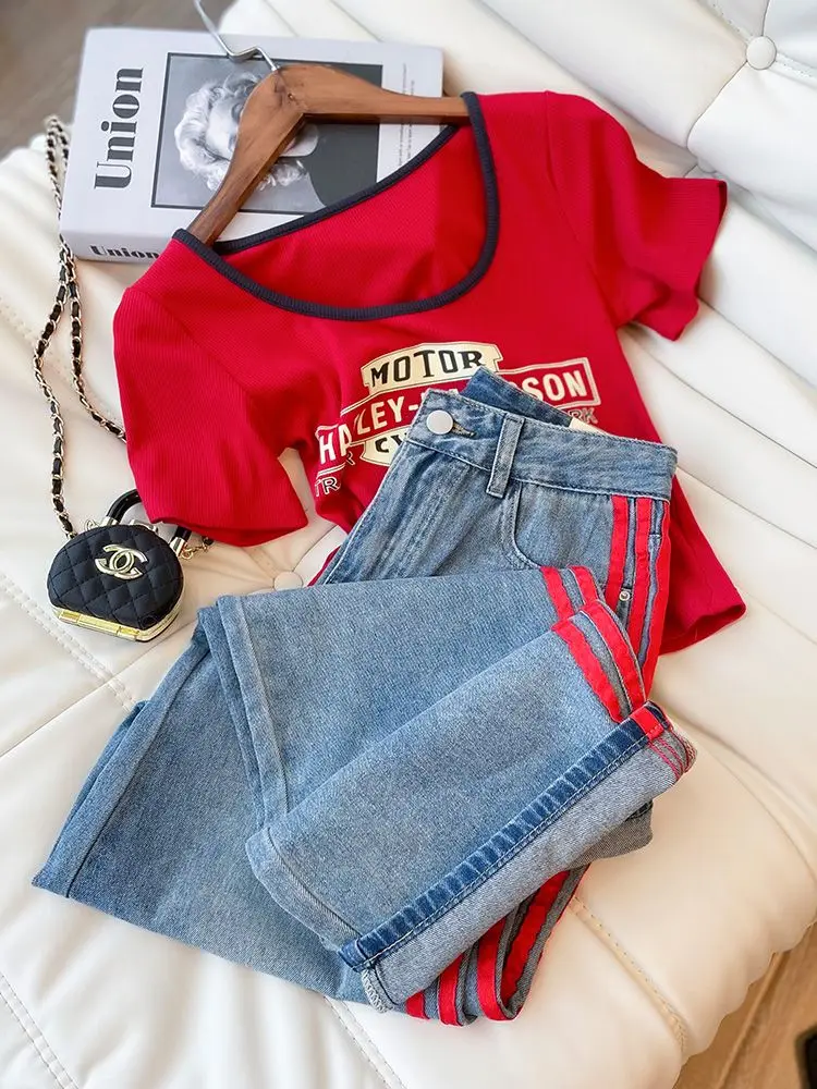 Spring and Summer Fashion Slim Fit Letter Printed T-shirt High Waist Thin Denim Wide Leg Pants Two-piece Set for Women