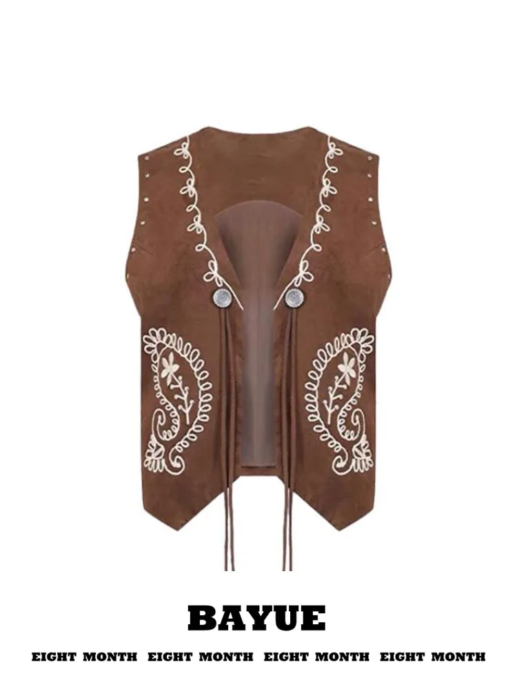 Elegant Embroidered Rivet Sleeveless Vest Women's Outerwear Spring Autumn National Style Retro Layering Suede Velvet Cardigan