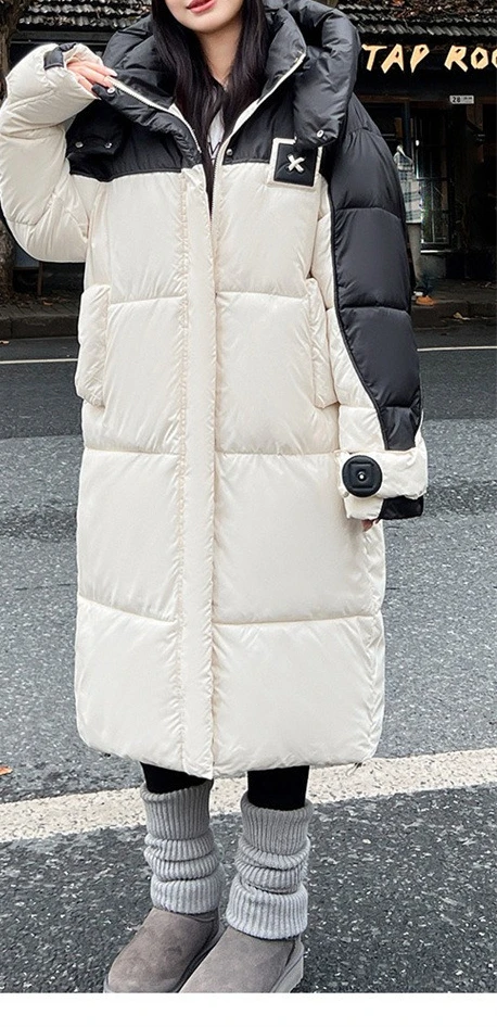 Large Size Long Over Knee Fashionable Cotton Jacket for Women, Contrasting Color Hooded Cotton Jacket for Women