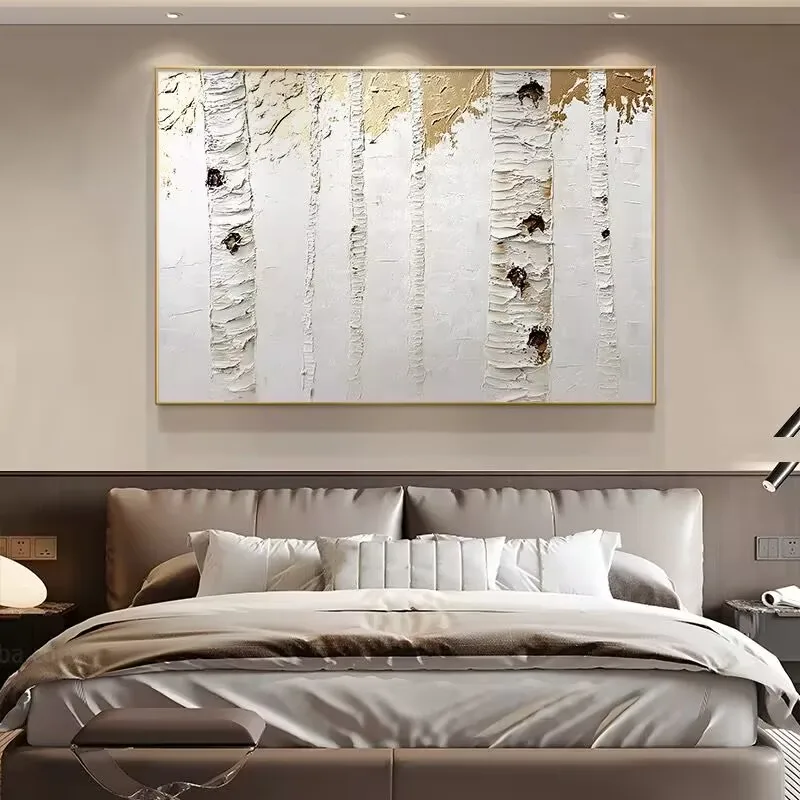 New Arrived White Birch Tree Hand Drawn Oil Painting Simplicity Abstract Living Room Background Decoration Painting Sofa Poster