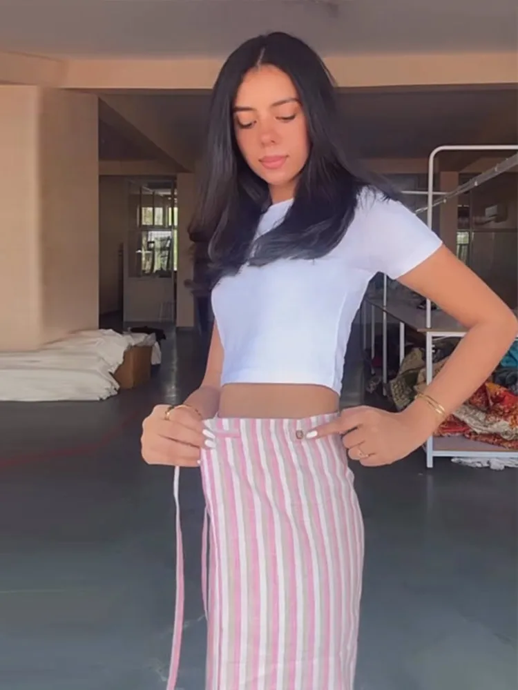 Verstellbare gestreifte Hose für Damen – Streetwear mit hoher Taille, Schnürung, weitem Bein und charmantem Panel-Design – Neu – Detail 10