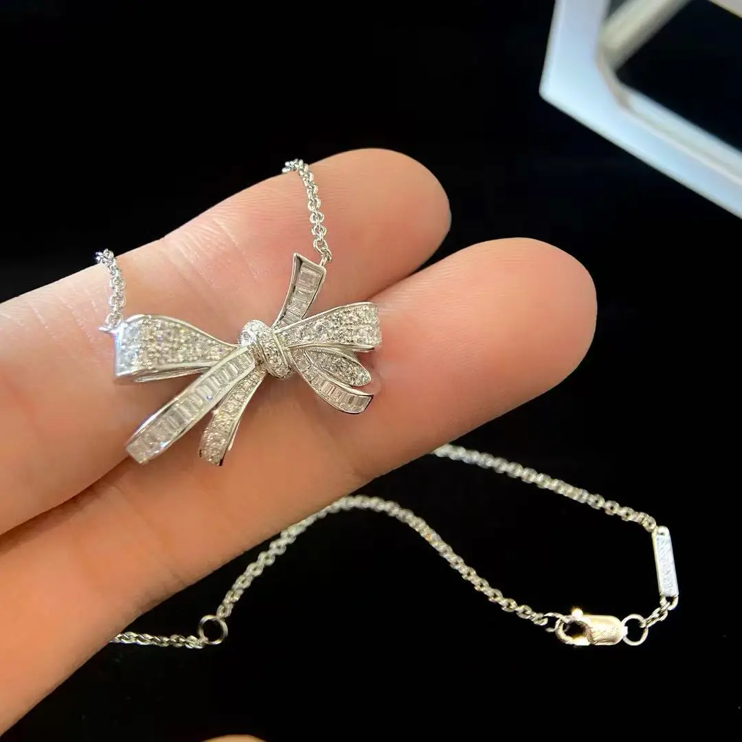 الفرنسية الفاخرة Bowknot موضة المرأة 925silverNecklace القوس عالية الجودة مويسانيتي تألق ساحر هدايا الحفلات لا يتلاشى