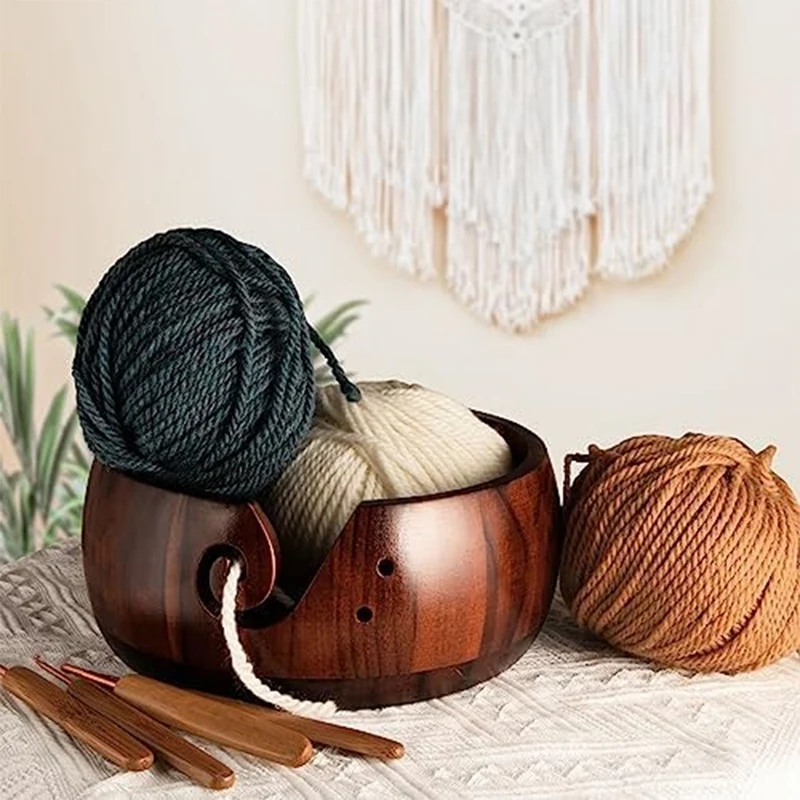 Wooden Yarn Bowl Holder, Craft Knitting Bowl With 8Pcs Crochet Hooks,Yarn Holder Dispenser Yarn Storage Bowls Easy Install