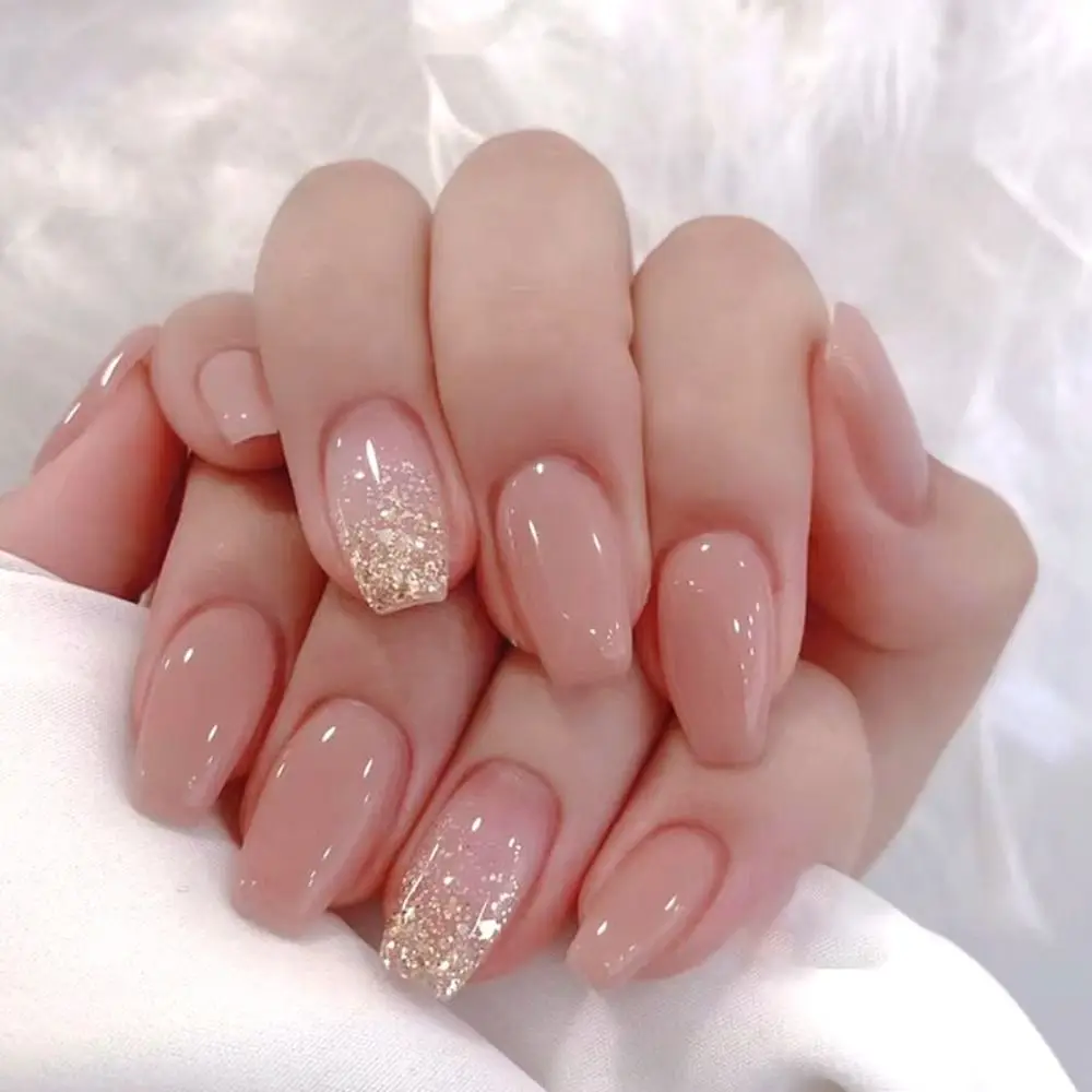 Moda longa bailarina unhas falsas glitter ouro rosa dicas de unhas francesas destacável capa completa unhas falsas diy