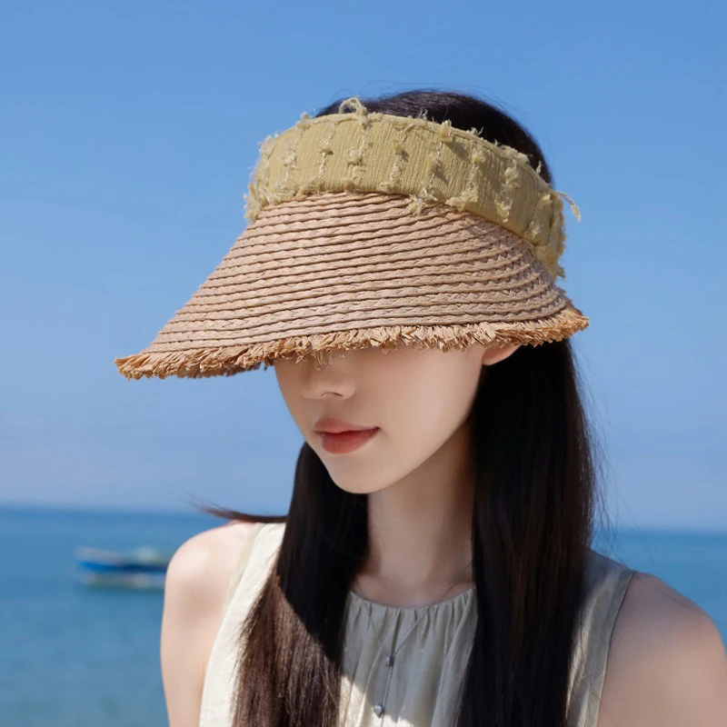 Odporny na słońce kapelusz słomkowy damski letni kapelusz przeciwsłoneczny z szerokim rondem plażowa osłona przeciwsłoneczna Casual Emp Top Hat na wycieczki wakacyjne Odporny na promieniowanie UV