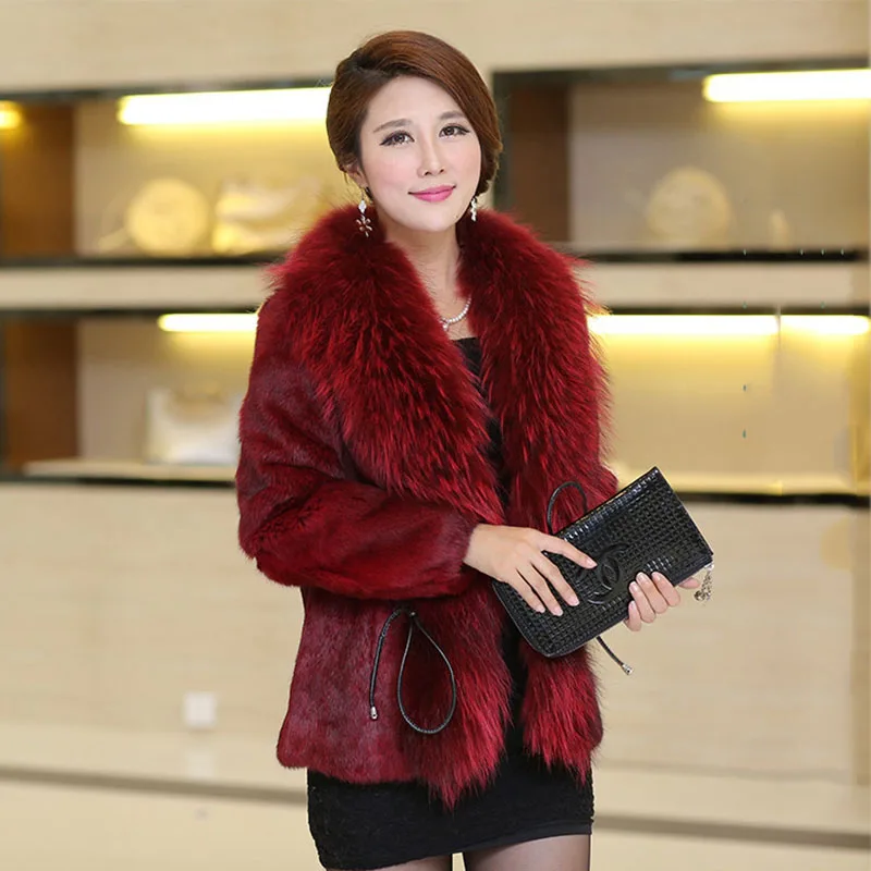 Women Winter Real Rabbit Fur Coat With Raccoon Fur Trimming Fashion Warm Luxury Long Sleeve Genuine Fur Jacket Female Outwear