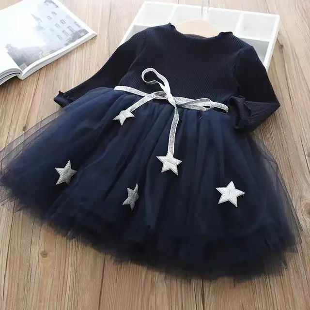 Little maven 2024 Autumn Girls Party Dresses New Children Mesh Princess Long Sleeve Dresses for Kids Clothes