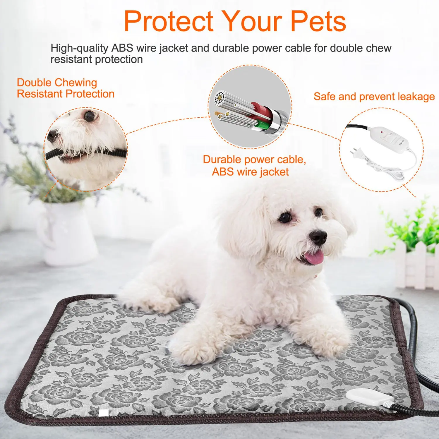 

Pet Heating Pad Dog Cat Electric Heating Mat Waterproof Adjustable Warming Blanket With Chew Resistant Steel Cord