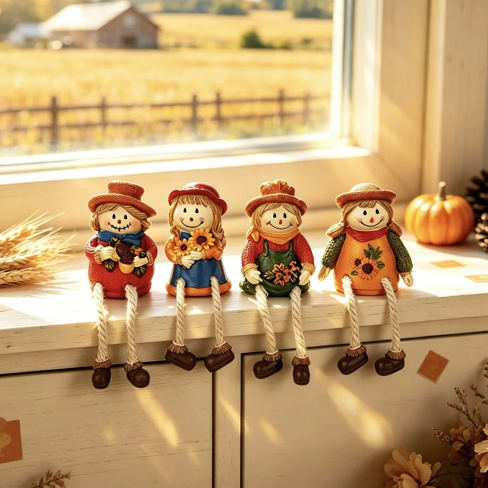Creative Rustic-Style Scarecrow Maple Leaf Sunflower Dangling Legs Doll Resin Figurine Thanksgiving Harvest Festival Home Decor