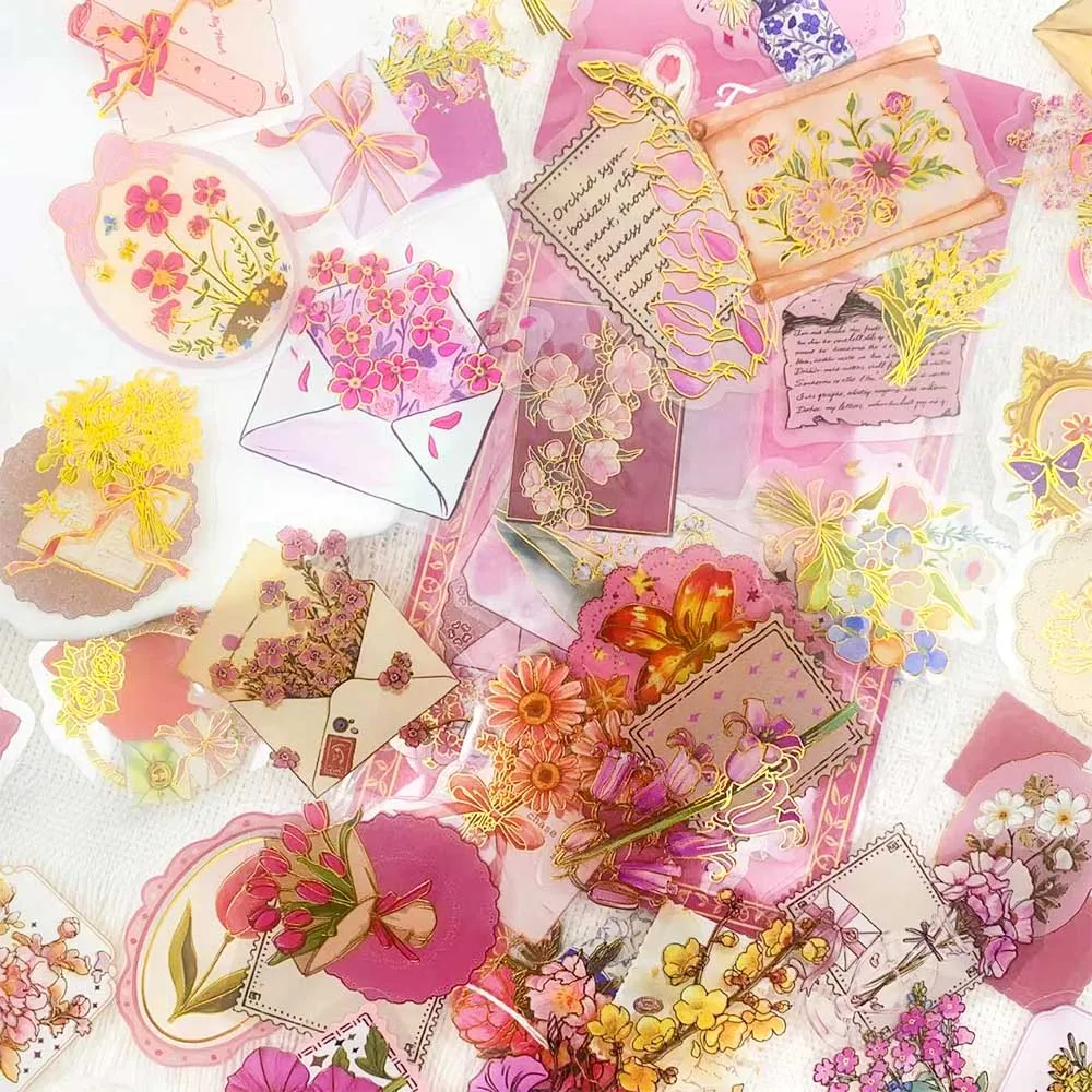 50pcs Gold Stamping Flower Transparent PET Stickers Decals For Phone Scrapbook Luggage Helmet DIY Cartoon Aesthetic Stickers