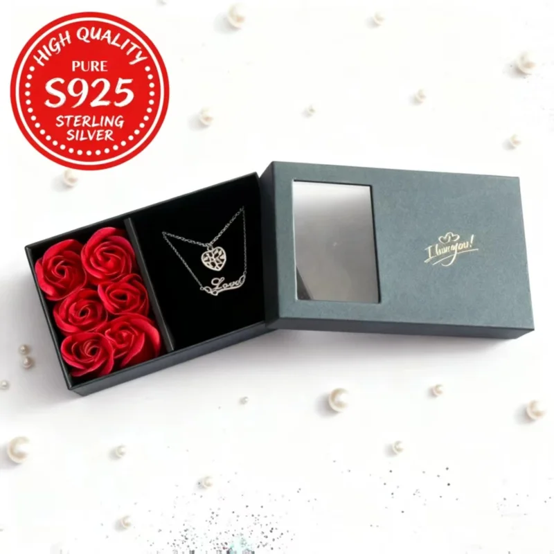 

925 Sterling Silver 2-Necklace Set - Love Tree Letter Pendant Rose Gift Box Holiday Gift for Women