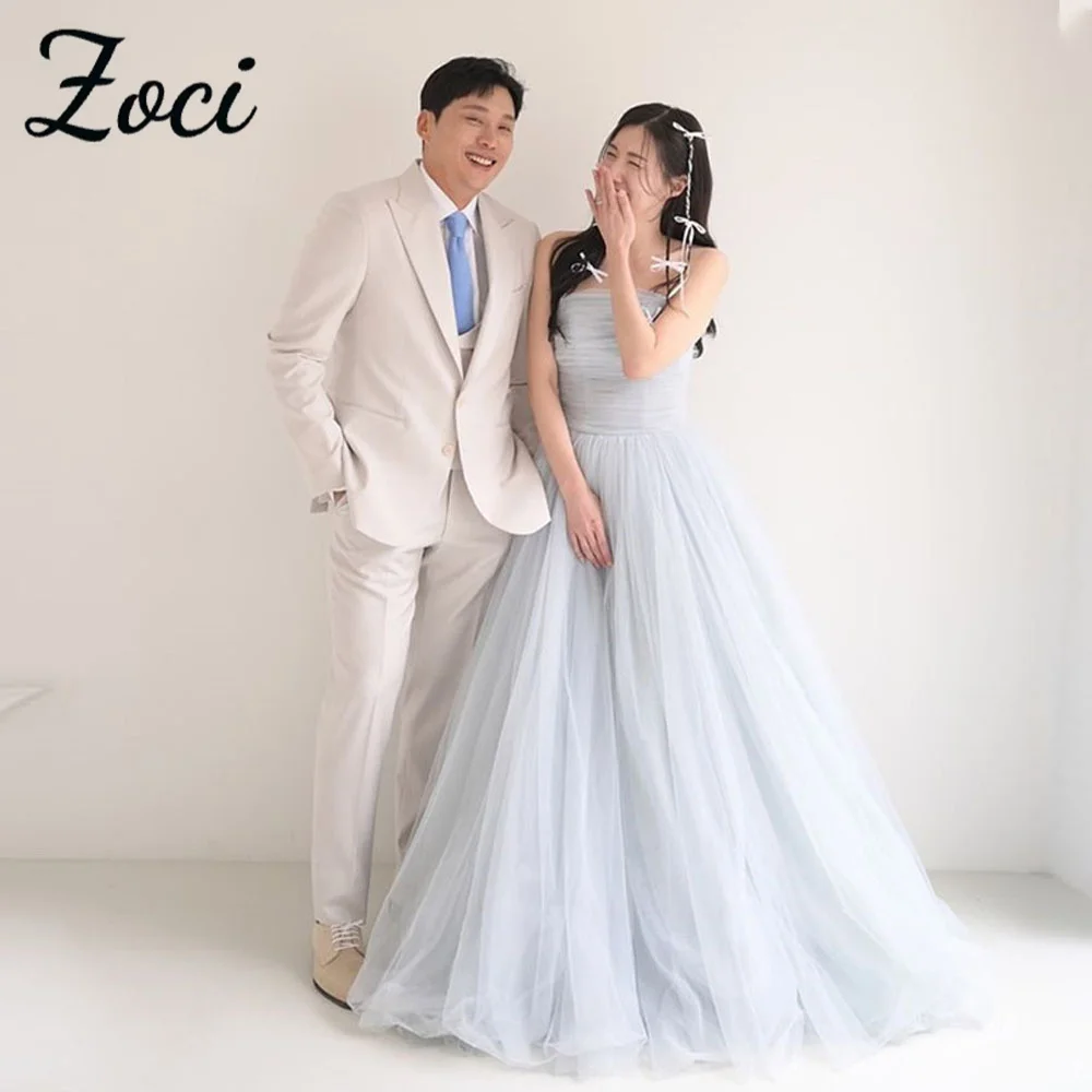 

Zoci Simple Strapless Korea Wedding Dresses A-line Pleat Tulle Puffy Party Dresses Photos Shoot Customized Corset Bridal Gown