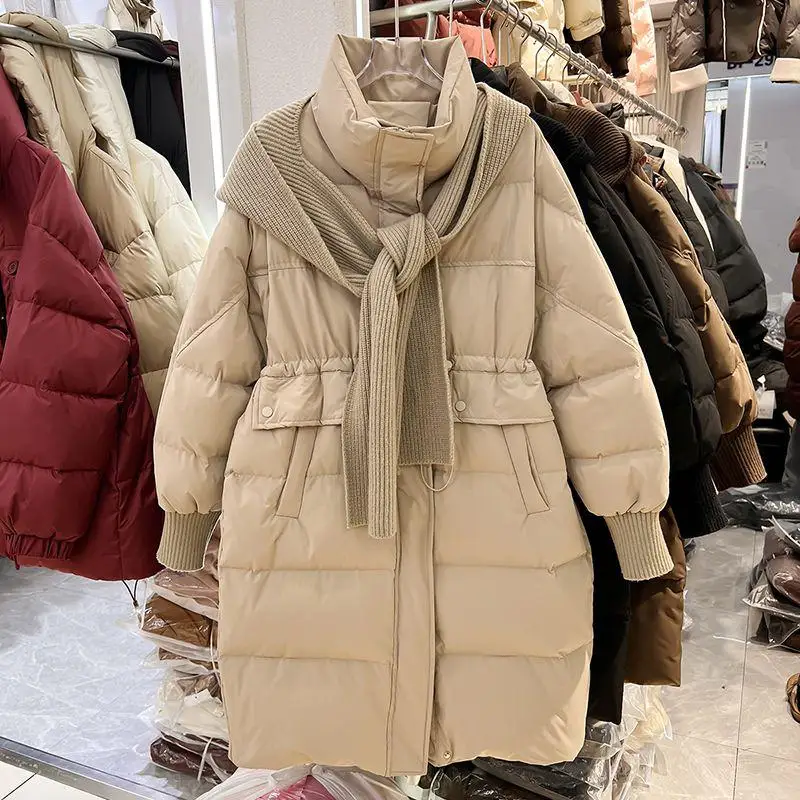 

White Du down Knitted Scarf Loose Fit Stand Collar Waist Cinched Mid-Length Winter New Sle Women's Puffer Jaet