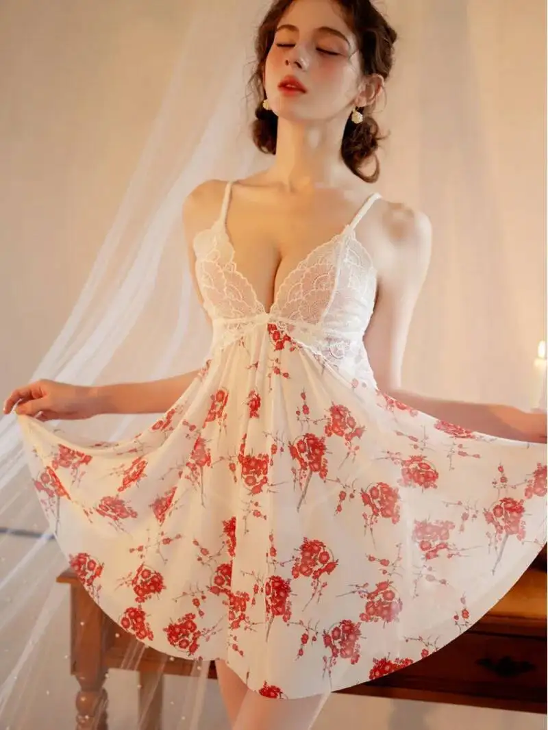 

Женская мода, новое сексуальное кружевное сетчатое платье с цветочным принтом, открытая спина, глубокий V-образный вырез, подтяжки, без рукавов, чистое желание, очаровательное элегантное 7VU0