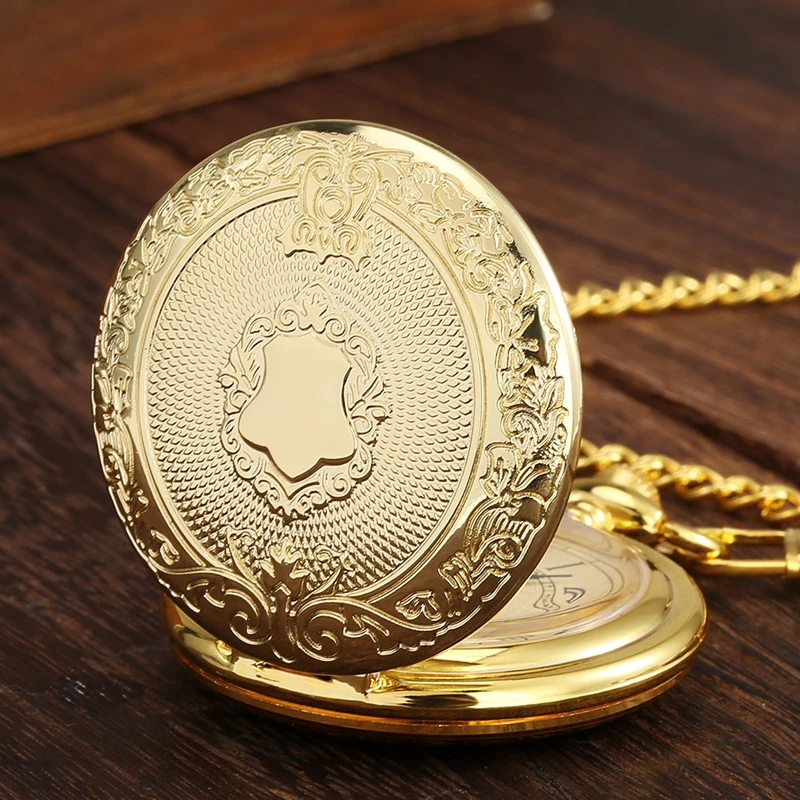 Top Luxury Gold Color Handcrafted Carved Shield Pattern Quartz Pocket Watch Chain Jewelry Watch Clock with 30cm Waist Hook Chain