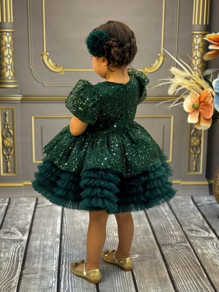 Dark Green Flower Girl Dress Full Sequin V‑Neck Puff Short Sleeve Multi‑Layer Ruffle Tulle Short Kids Christmas Party Pageant
