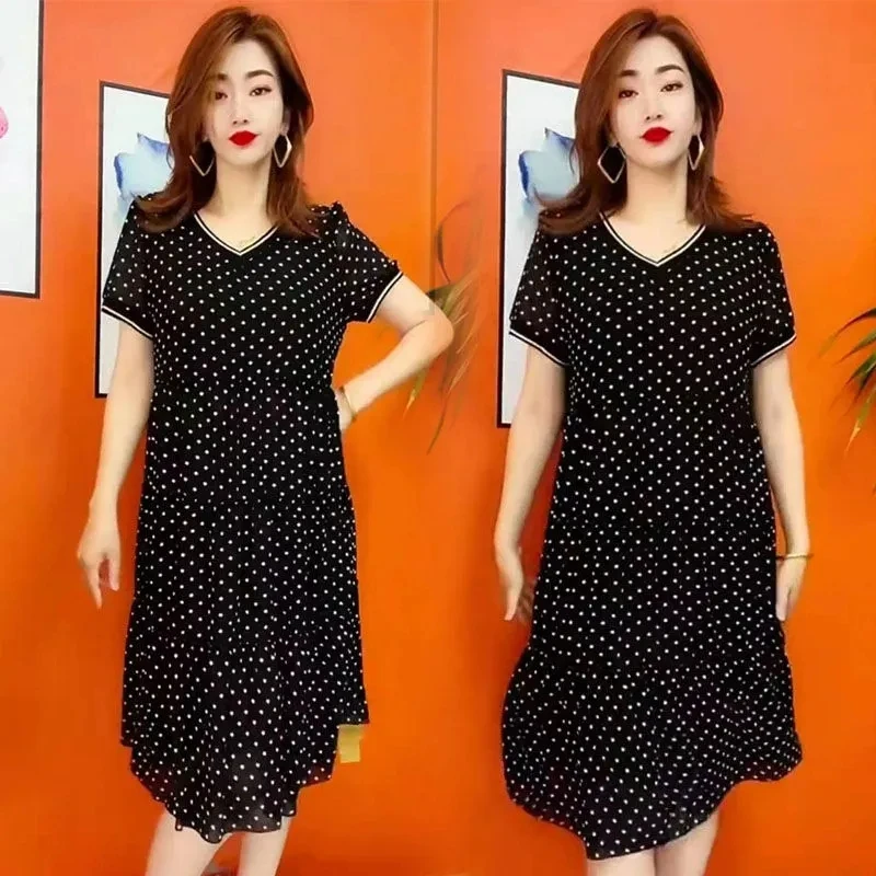 2024 New Summer Speckled Chiffon Dress For Womens Clothing Summer Casual V-neck Dot Dress Large Size Slim mother's Dresses AC218