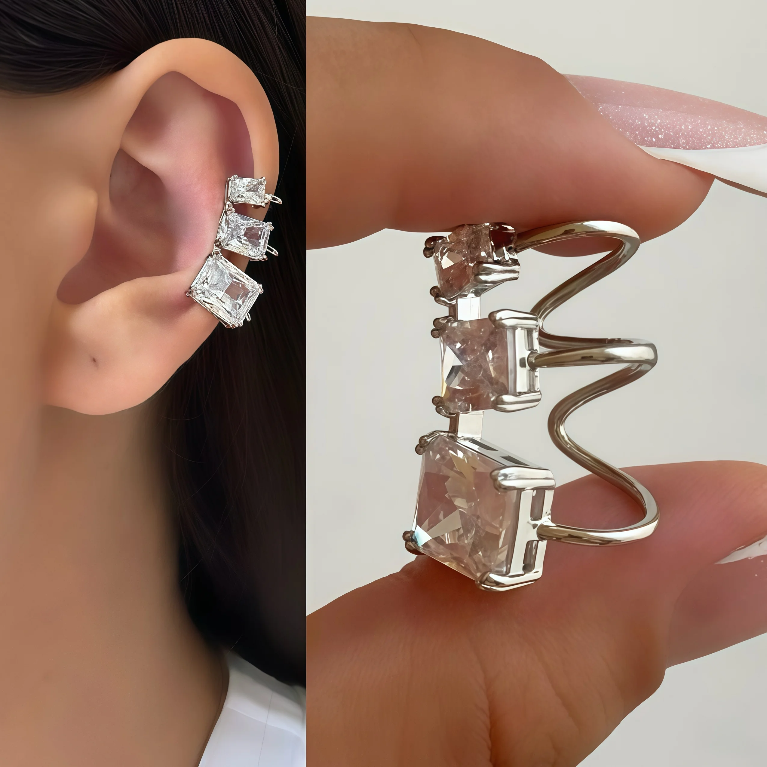 

Trendy Geometric Zircon Ear Cuff Fashion Jewelry Square White Crystal Non-Pierced Stud Cuff Earrings