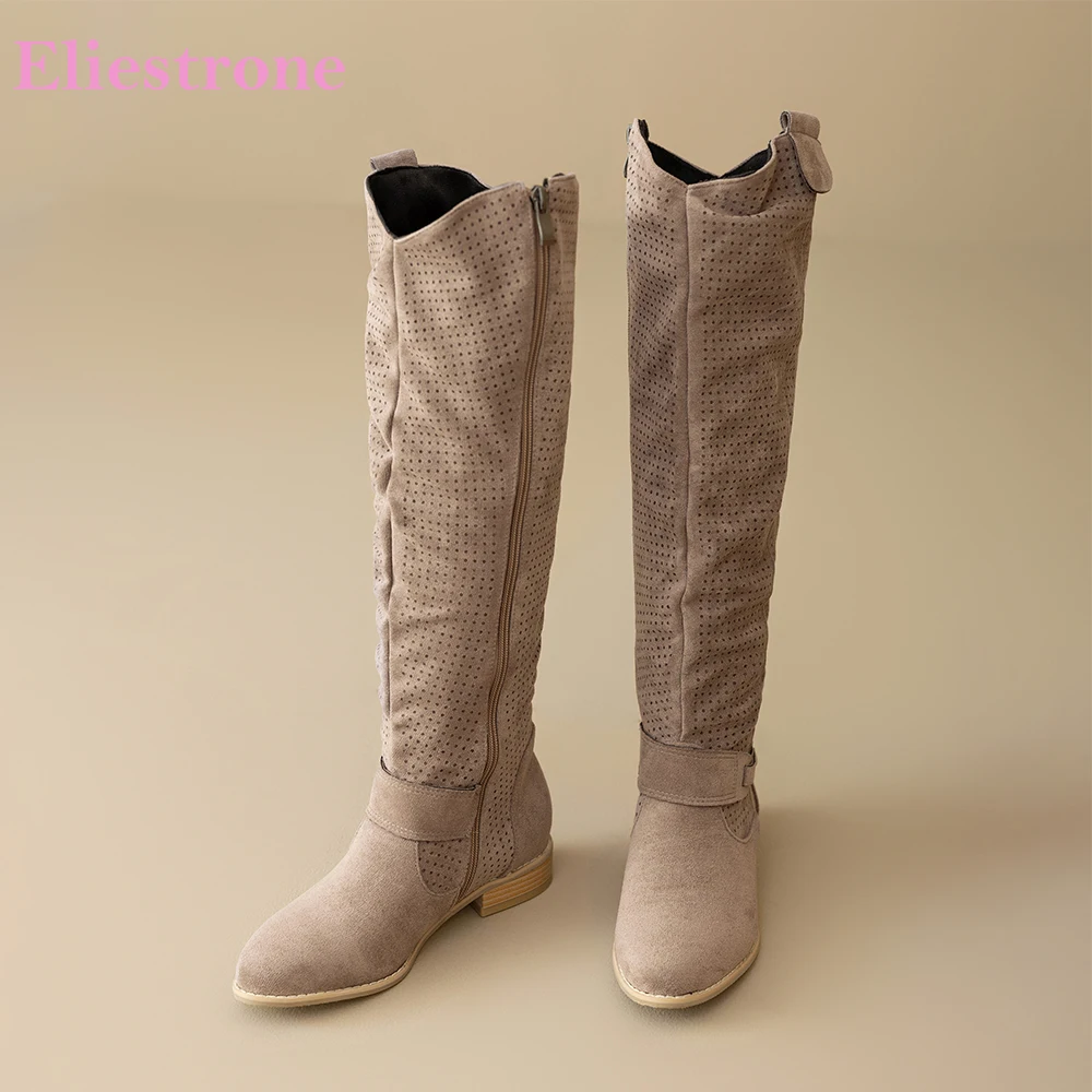 

2025 New Winter Comfortable Yellow Women Knee High Boots Round Toe Low Heel Lady Nude Shoes Plus Big Size 11 44 46 48