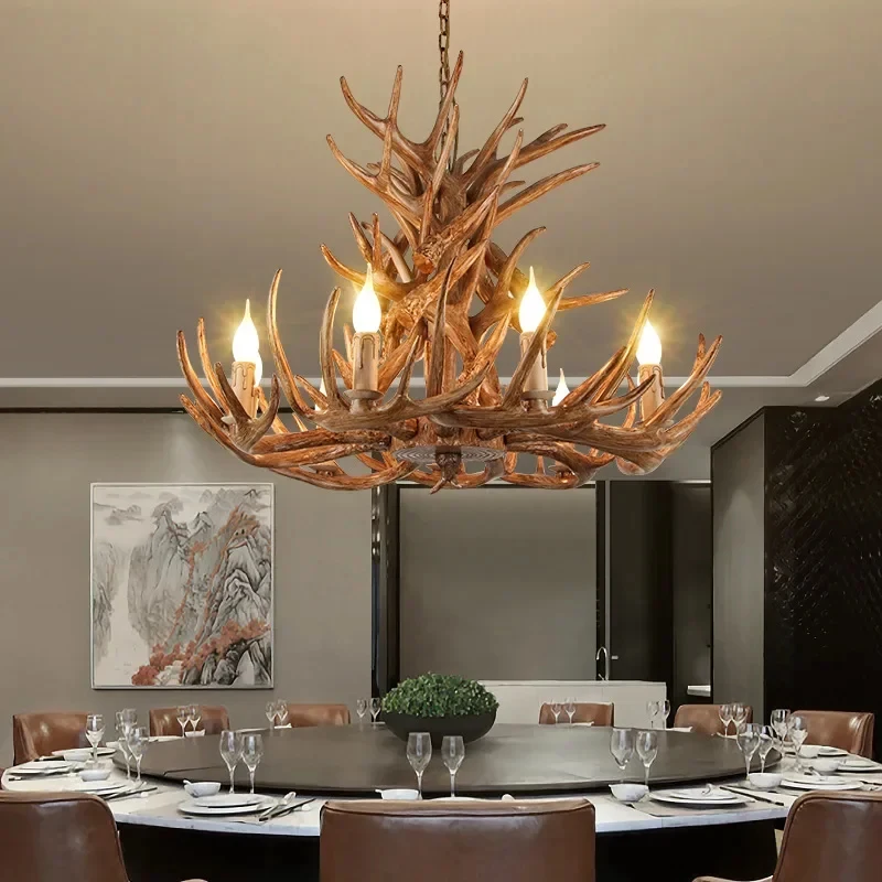 Rustic Antler Chandelier Vintage Deer Horn Ceiling Light E14 Candle Hanging Lamp for Cabin Farmhouse Living Room Bar Decor