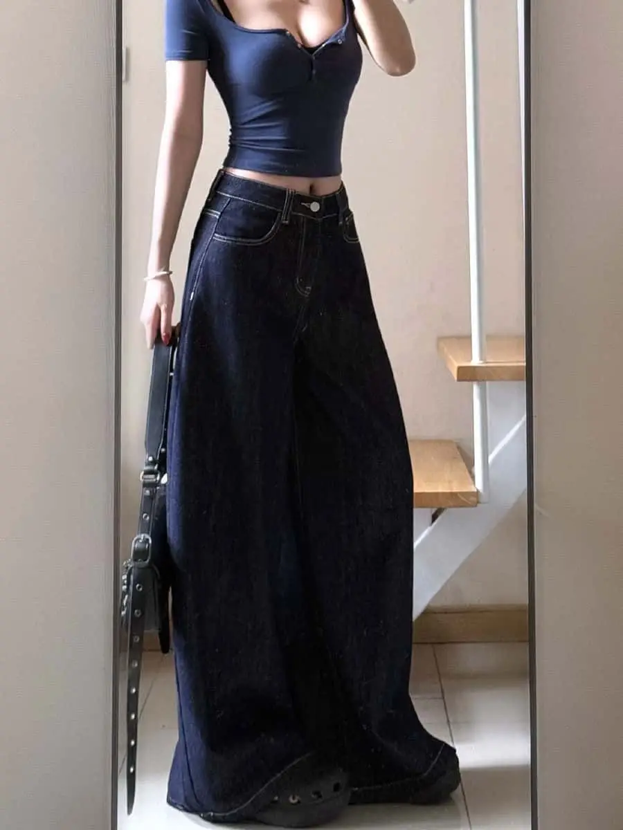 أنيقة خمر الأزرق الداكن واسعة الساق الجينز النساء عالية الخصر سليم صالح مستقيم الساق السراويل الحد الأدنى اللف الطابق طول الدنيم #5