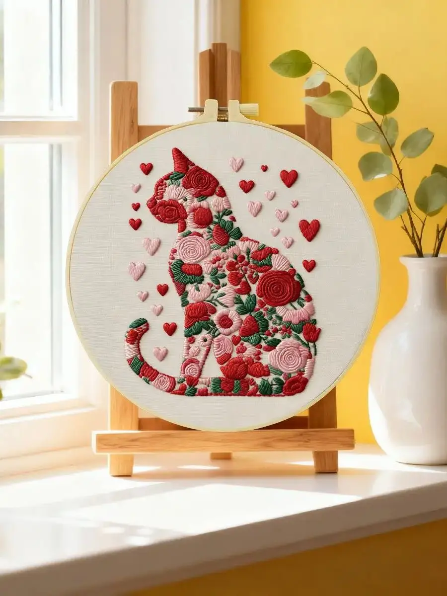 1 Stück 20x20cm/15x15cm 7,87/6,3 Zoll Tier - Katze Stickerei Starter-Kit DIY-Kit DIY-Stickerei-Set für Anfänger – Detail 6