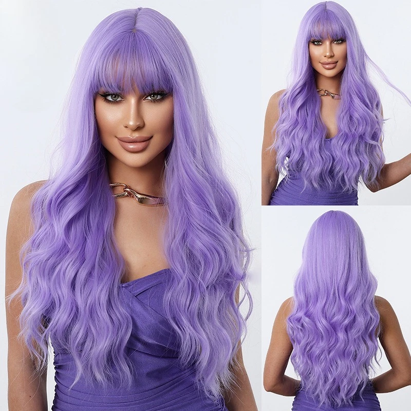 

Wig European and American, lavender long curly hair wig, air bangs wave fashion full headgear