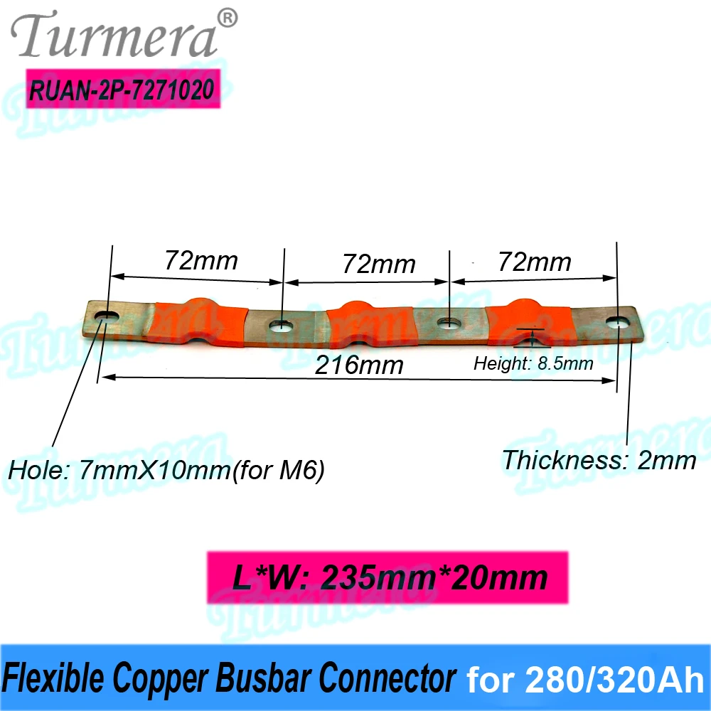 Turmera 12V Lifepo4 Battery Flexible Busbar Copper Connecter Hole to Hole 72mm 2P 2mm 400A for 280Ah 305Ah 320Ah Lifepo4 Battery