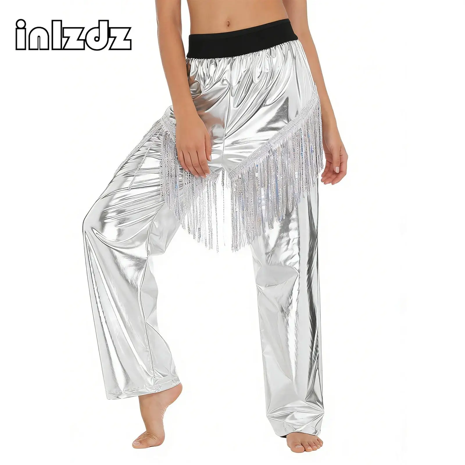 

Womens Hip-hop Jazz Dance Cheerleading Stage Performance Costume Metallic Shiny Pants Sequined Tassel Loose Straight Trousers