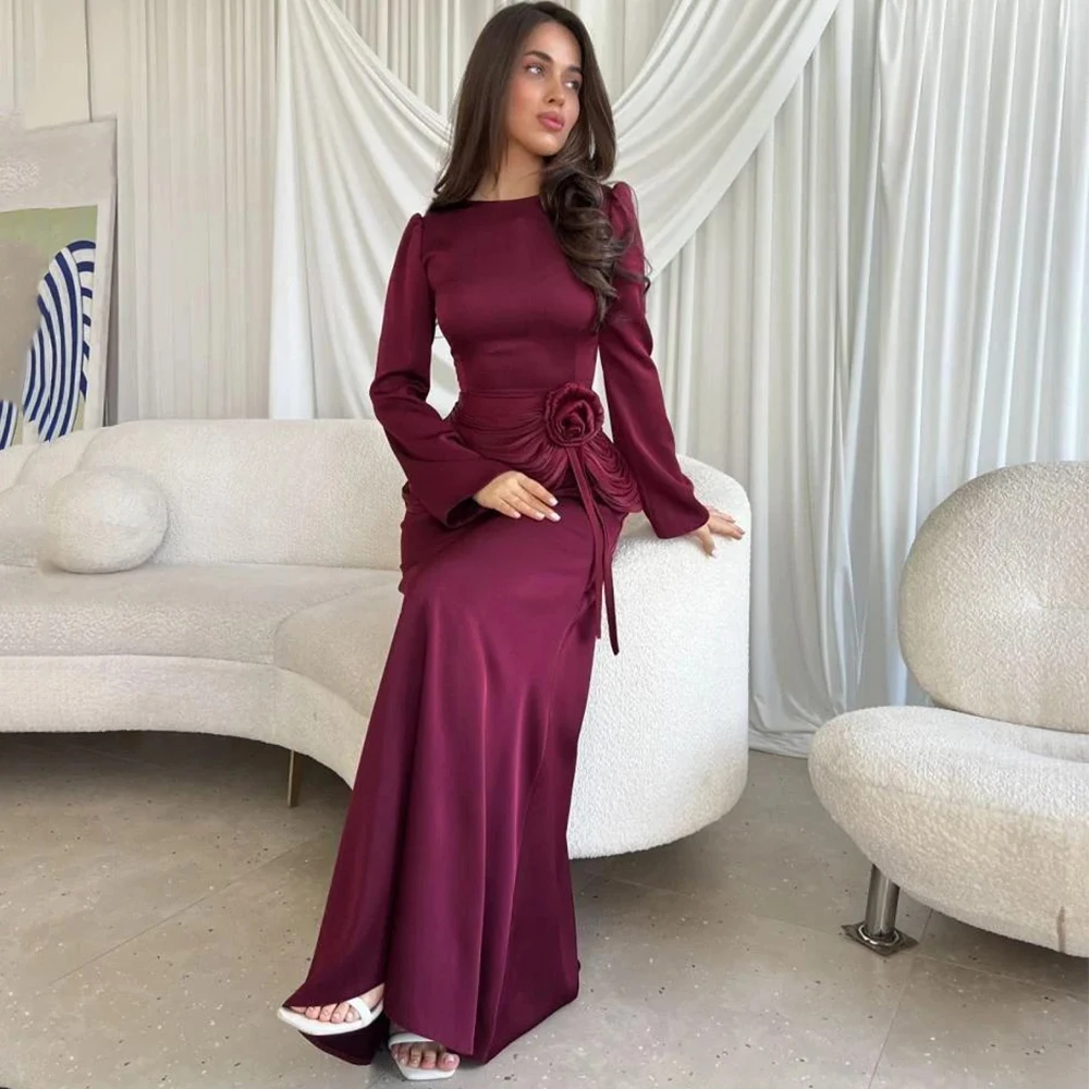 Flechazo Burgundy Evening Dress Scoop Neck A-Line Floor Length Long Sleeves with 3D Flower and Pleat 2025 New Gowns Customized