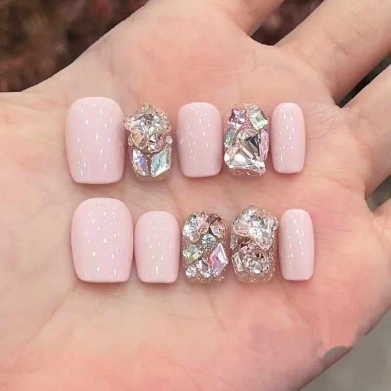 

10PCS Handmade Nails Pink Nude C-Curve Cat Eye with Diamond Accents Press-On Nail Tips Perfect Gifting for Women and Friends