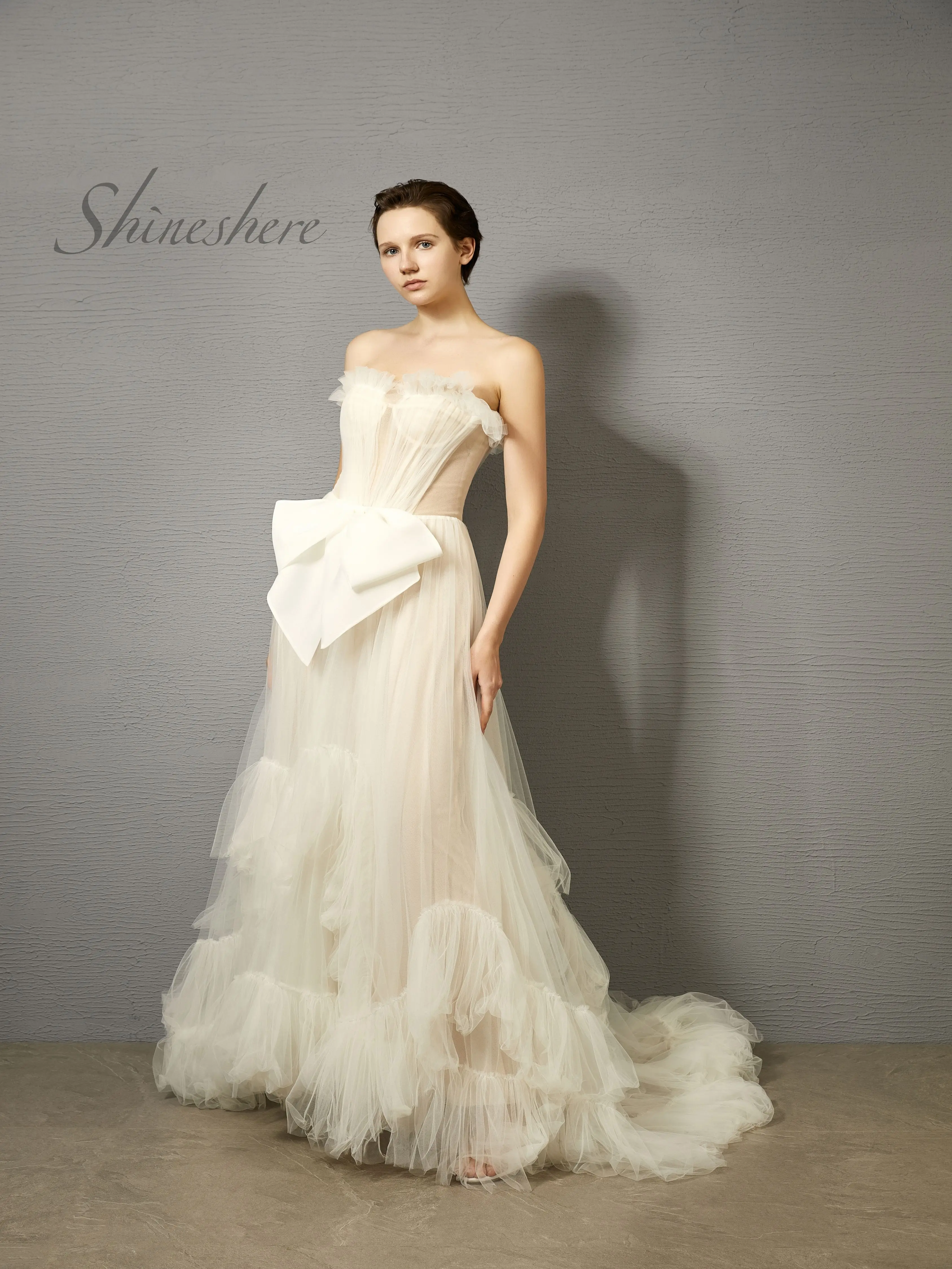 

Fashion Strapless Pleated Bodice Beautiful Ruffles Aline Wedding Dress Bridal Gown