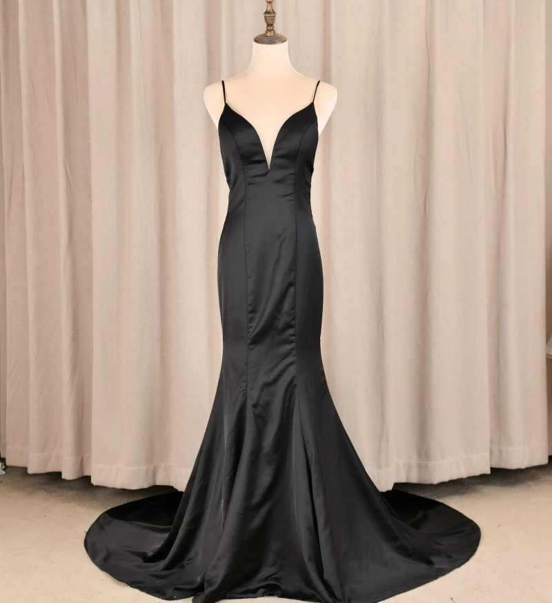 

#3168 100% Real Photos Black Backless Spaghetti Strap Sleeveless High Class Solid Satin Sexy Prom Evening Dress