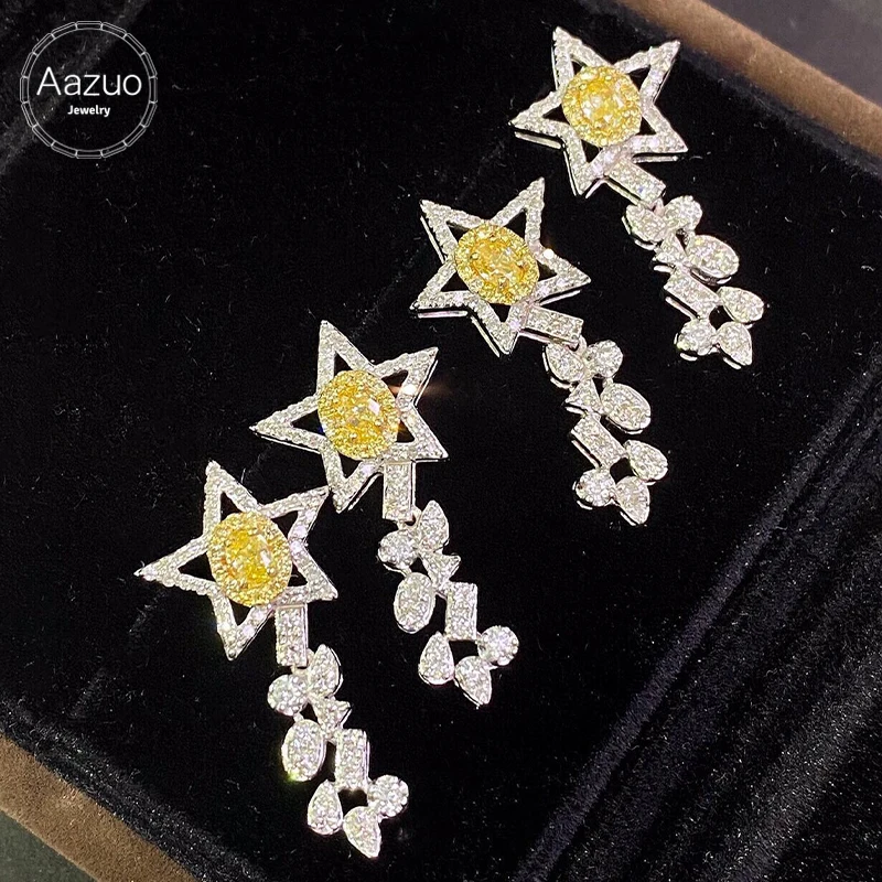 Aazuo Real 18K Solid White Gold Real Yellow Diamonds Star Drop Chain Stud Earring Gifted For Women Wedding Party  Au750