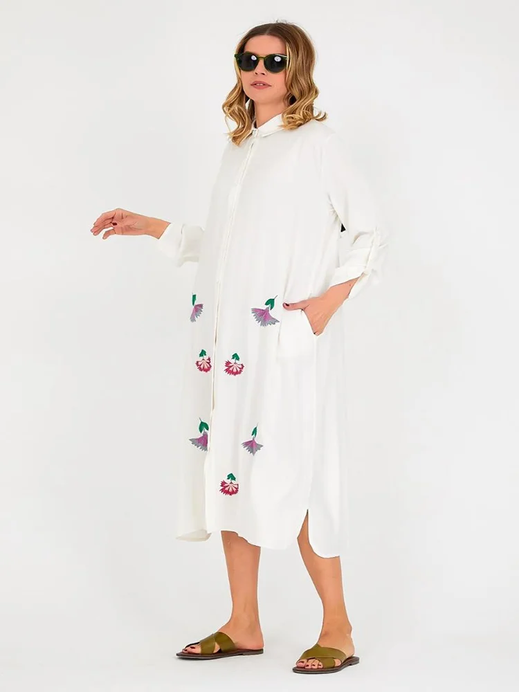 

Embroidered Summer Viscose Fabric Long Shirt Dress 2022 New Fashion Women's Clothing Black And White Color Options