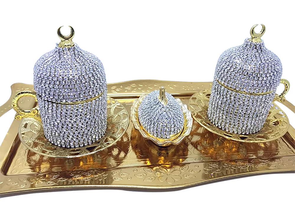 Two Pieces Set of Swarovski Crystal Coated Cup Golden Color Ottoman Turkish Greek Arabic Coffee Espresso Serving Cup Saucer Set