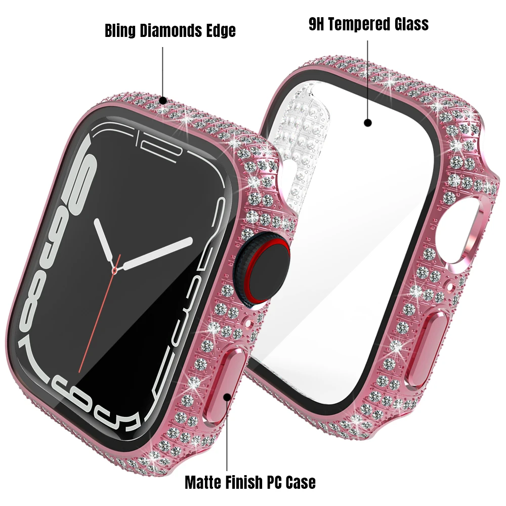 Full Diamond Watch Cover Built-in for Apple Case iWatch Series 7 Tempered Glass Woman Jewelry Bling Protective Bumper 41mm 45mm