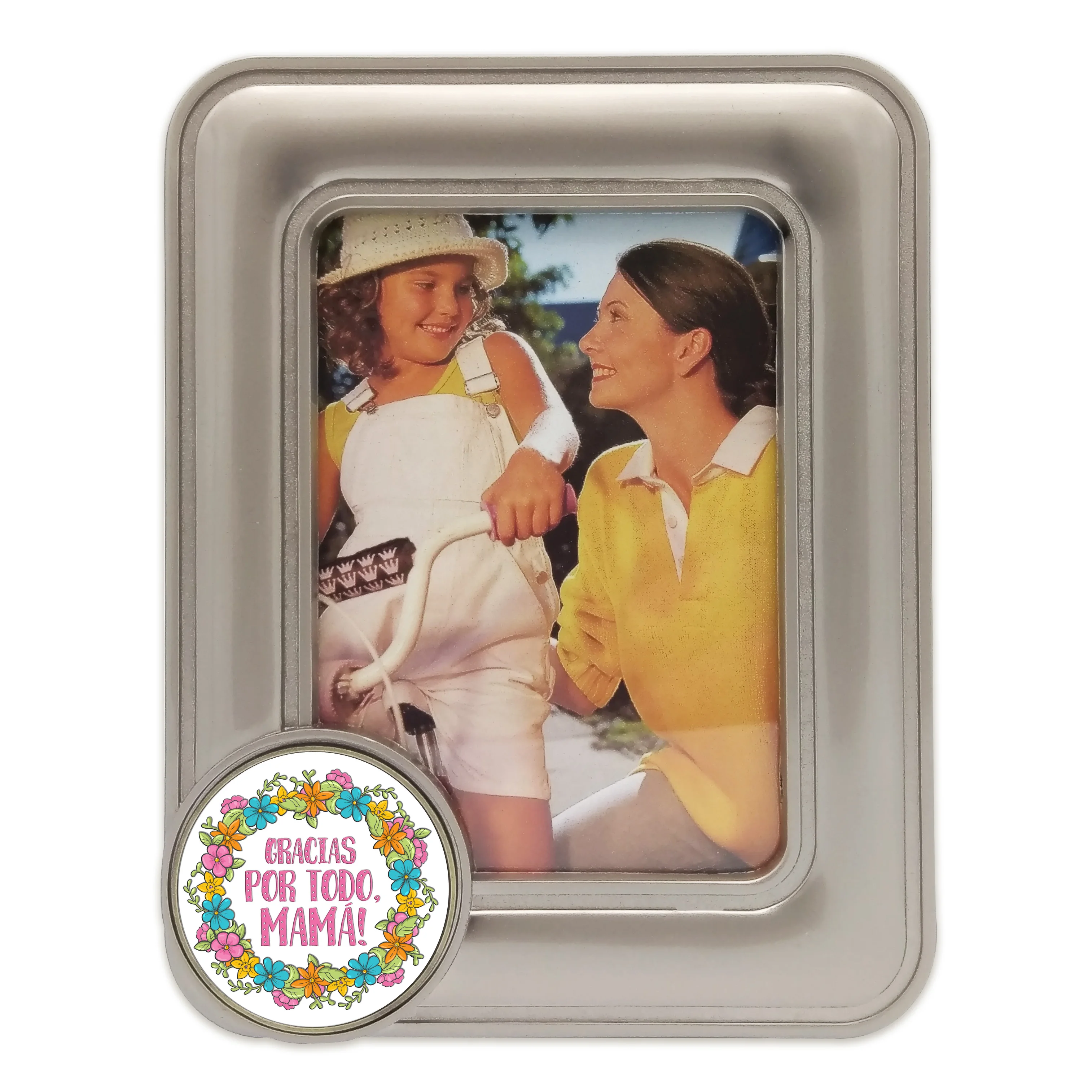 Silver Plated Metal Picture Frame - Mother´s Day - Metal Medallion with Crystal Dome - Choose among 8 designs.