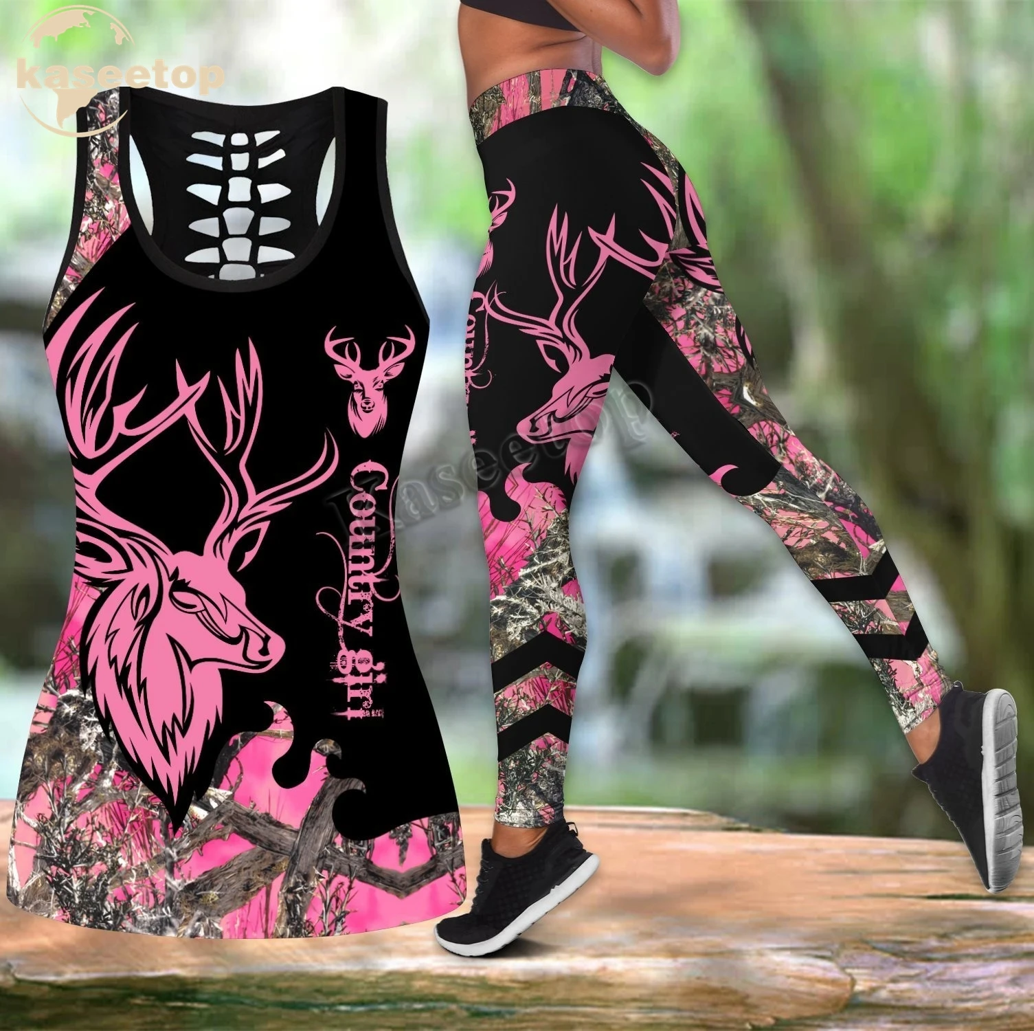 

Country Girl Pink Tank Top 3D Print Women Two Piece Yoga Set Vest Hollow Combo Tank Top Legging Waist Sport Fitness Quick Dry