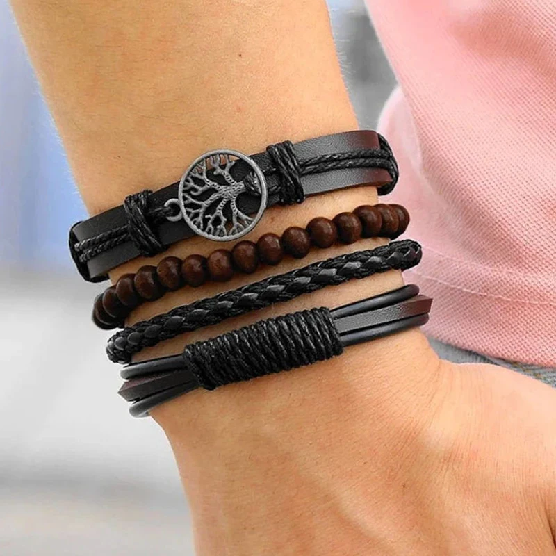 4 Pcs Leather Bracelet Set ,Man Multi-strand Bracelet, Mens Wristband ,Leather Bracelet, Leather Jewelry