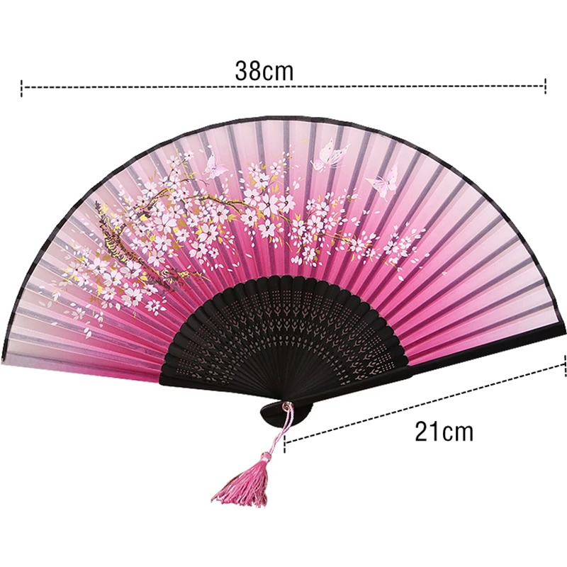 Chinese Style Carved Bamboo Craft Fan Two Sections Folding Silk Cloth Hand Fans Handmade Gift Home Decoration