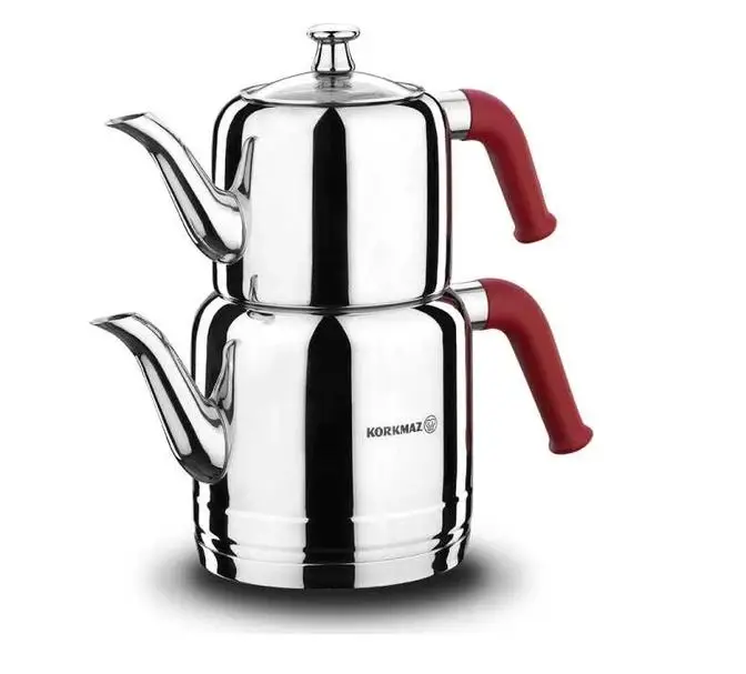 Korkmaz A189 Riva Teapot Set 18/10 Stainless Steel Turkish Teapot Set With Ergonomic Handle Stainless Steel  Set For Brewing Tea