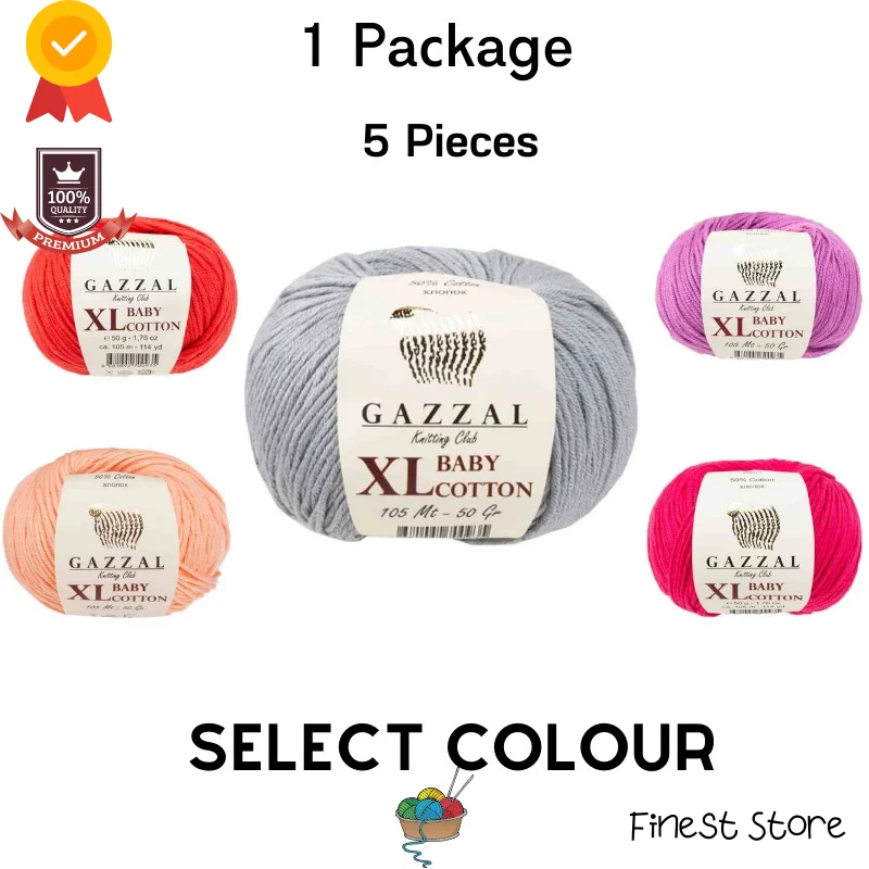 Thread 1 Pack |5 Balls| Gazzal Baby Cotton XL |50 Gram / 105 Meter| Crochet Tool Kit Sewing Threads Braid Rope Stitching Yarns