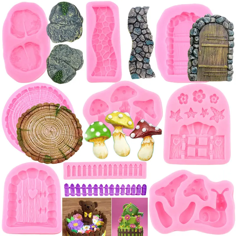 Fairy Garden Home Door Mushroom Snail Silicone Mold Tree Stump Stone Path Fondant Cake Decorating Candy Chocolate Gumpaste Mould