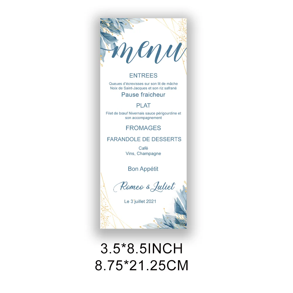 

Personalised Baptism Menu Cards, Wedding Tablescape, Party Decor Cards, Blue and Gold