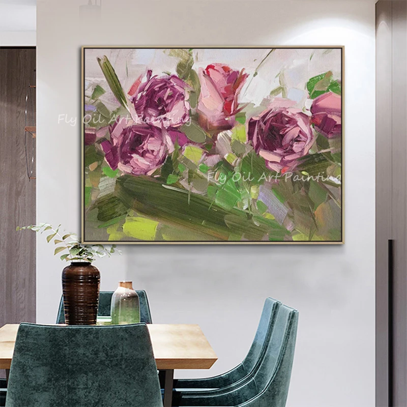 Pink flower beautifu plant with greey and grey canvas large size landscape 100% Handpainted Oil Painting Wall Art Pictures