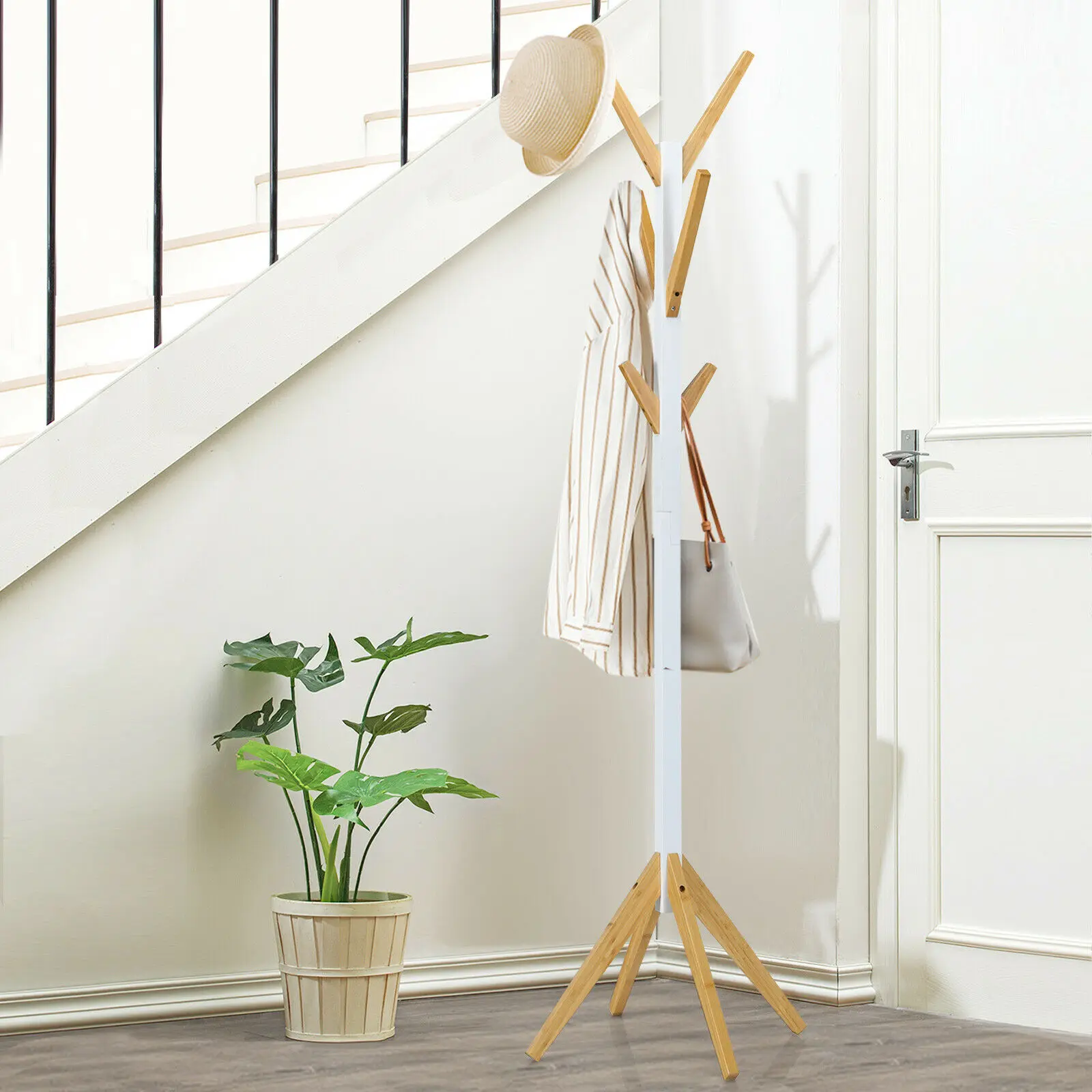 Costway-Bambu Independente Coat Rack Stand, Hall Tree Hanger, Organizador com 6 Ganchos