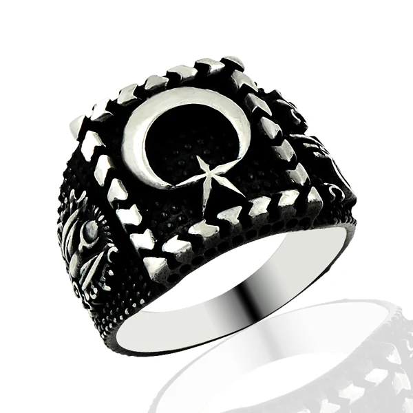 925 Silver Moon and Star Printed Tribal Turkish Rings for Men